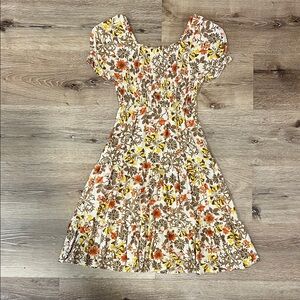 Hayden Girls Cream Floral Puff Sleeve Dress with Orange & Yellow Flowers